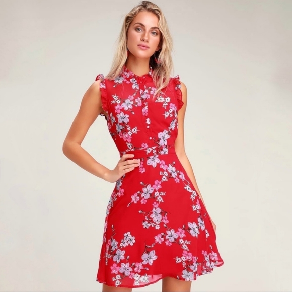 Lulus Dresses & Skirts - Lulu's Red Floral Ruffled Sleeveless Skater Dress Size Medium
